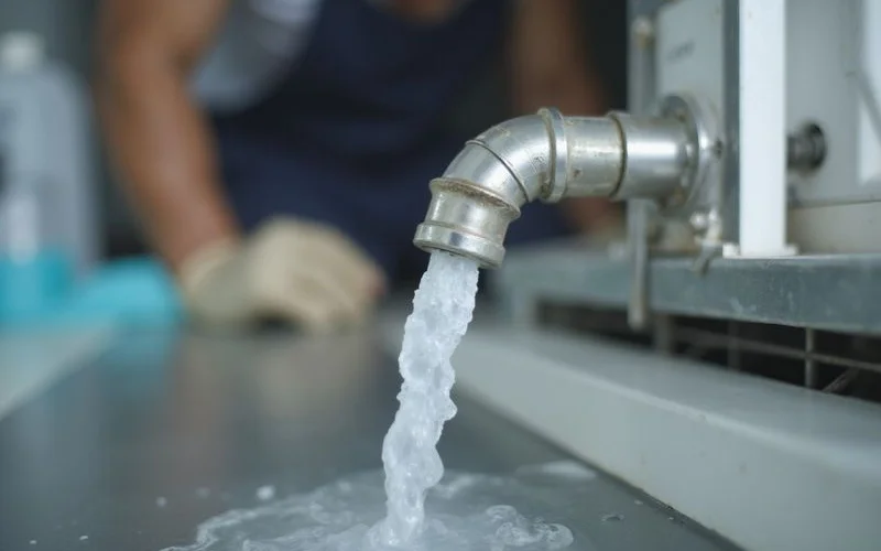 Aircond drainage pipe being flushed during a chemical wash with clean water running through