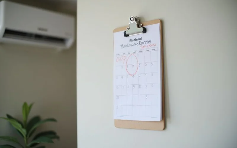 Annual maintenance calendar with a chemical wash reminder marked beside a clean wall-mounted aircond