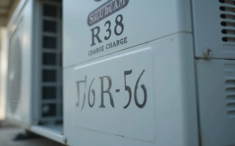 Close-up of an aircond outdoor unit label showing refrigerant type and required charge