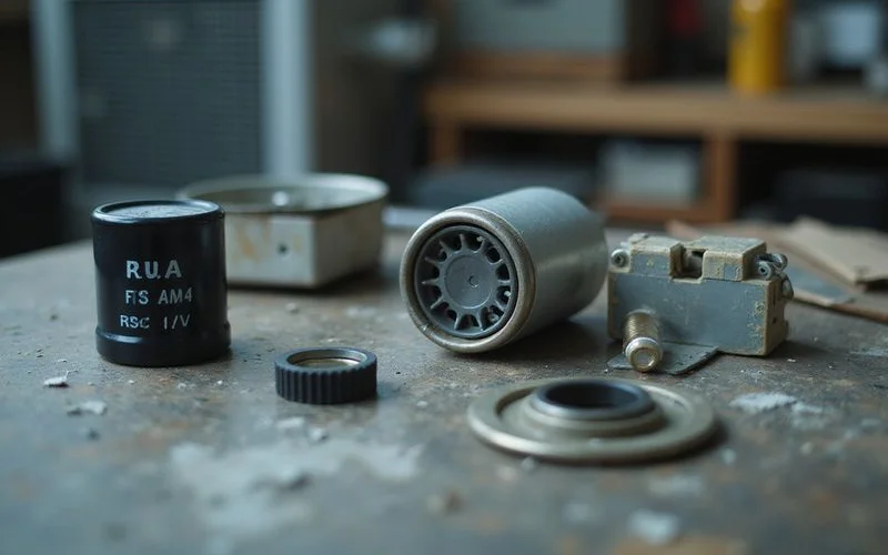 Common aircond repair parts laid out on a workbench including capacitor, sensor and contactor