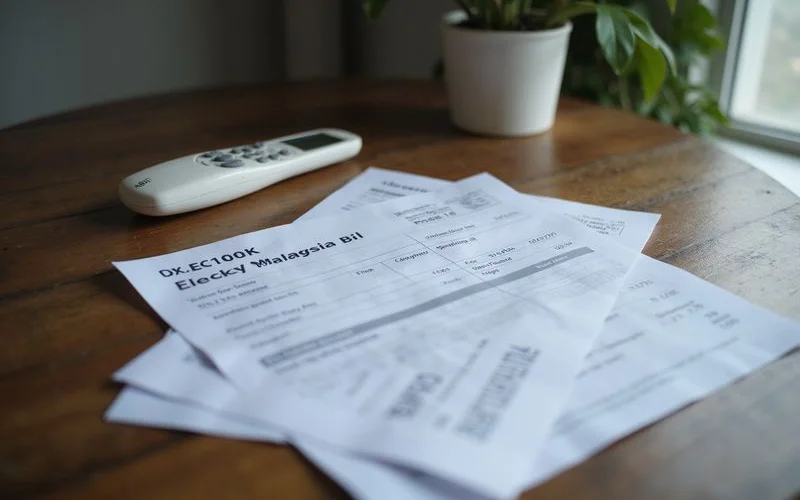 Malaysian electricity bill on a table beside an aircond remote control
