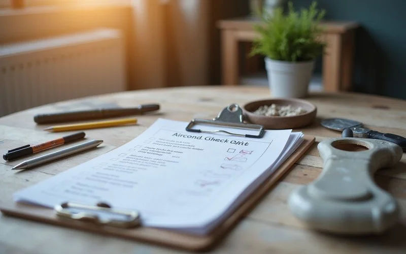 Printable aircond servicing checklist on a clipboard
