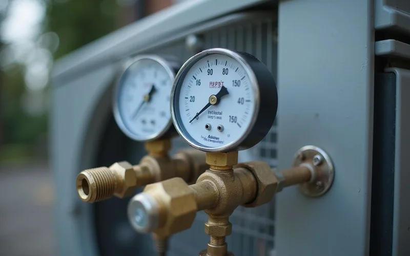 Refrigerant pressure gauge connected to an aircond outdoor unit for leak verification