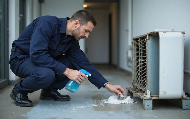 Senior technician chemically washing a dismantled aircond evaporator coil during a deep clean service