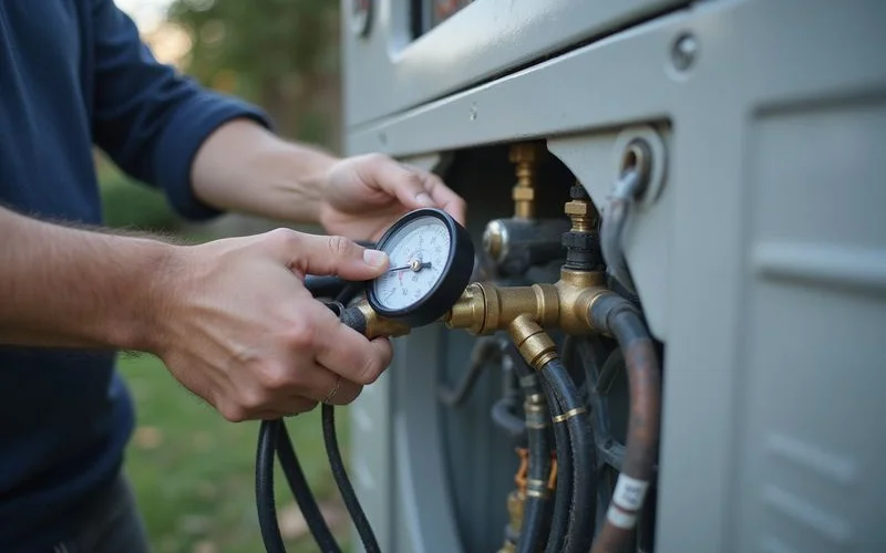 Senior technician checking aircond refrigerant pressure with a gauge at an outdoor unit