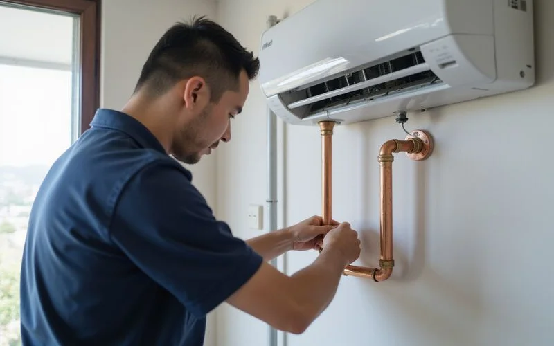 Senior technician fitting neat insulated copper piping during a new aircond installation