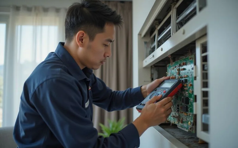 Senior technician using a multimeter to diagnose an aircond electrical fault during a repair visit