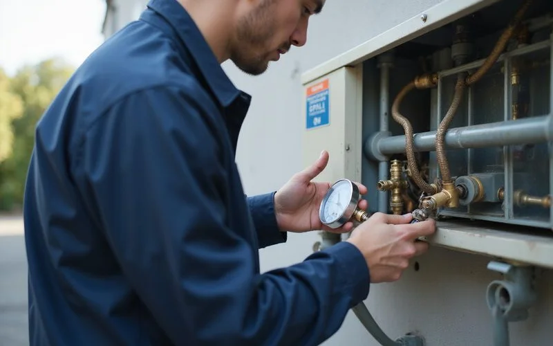 Technician checking aircond refrigerant level with a pressure gauge at the outdoor unit