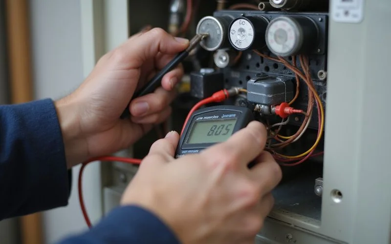 Technician checking an aircond capacitor with a multimeter during a diagnostic inspection