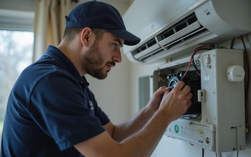 Technician inspecting an aircond fan motor for the source of noise during a diagnostic visit