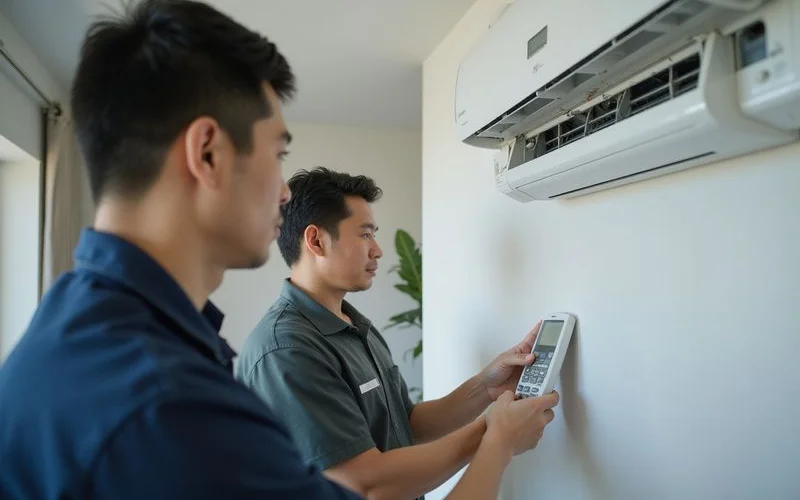 Technician testing a newly installed aircond with the homeowner present for the post-install check