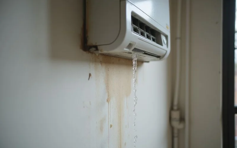 Water dripping from the edge of a wall-mounted aircond unit inside a Malaysian home
