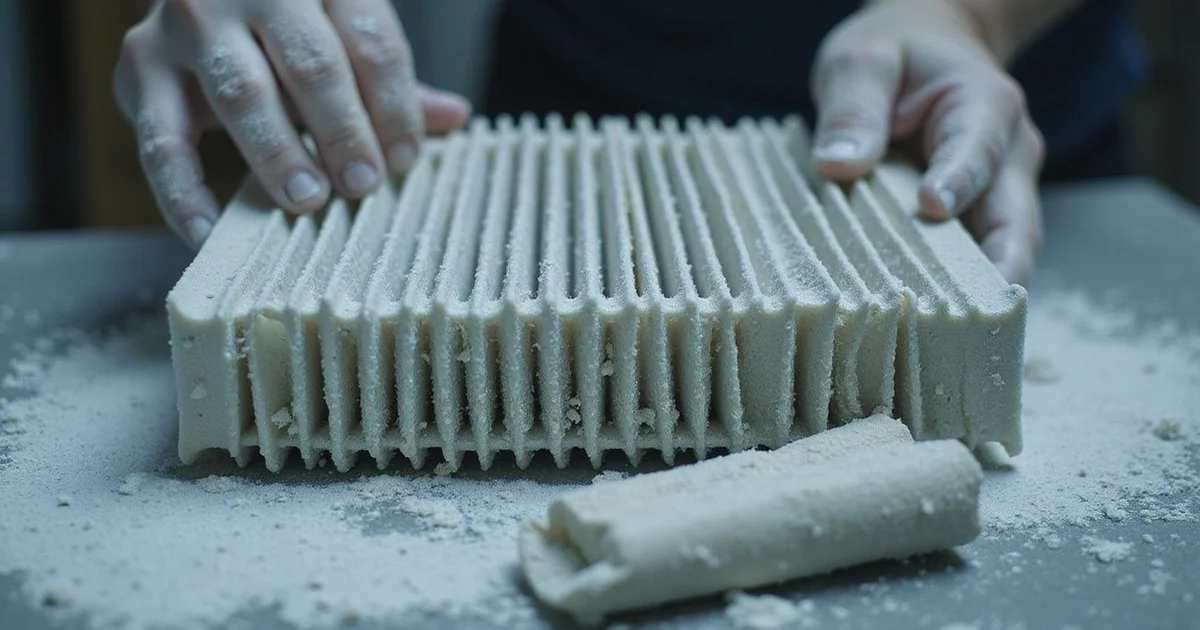 A wiped aircond filter beside a fully dismantled aircond coil being chemically washed