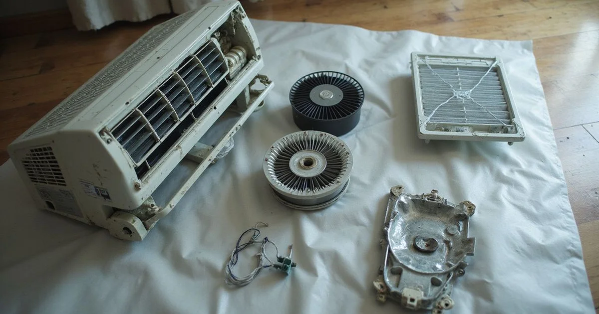 Aircond indoor unit fully dismantled into individual parts laid out for a deep cleaning service