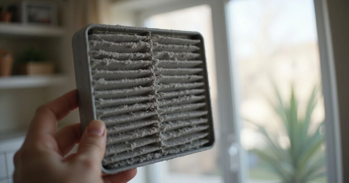 Close-up of a heavily dust-clogged aircond filter held up to the light