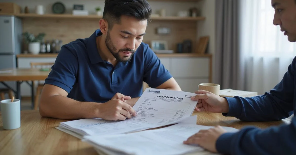 Homeowner reviewing a clear printed aircond quote with a technician