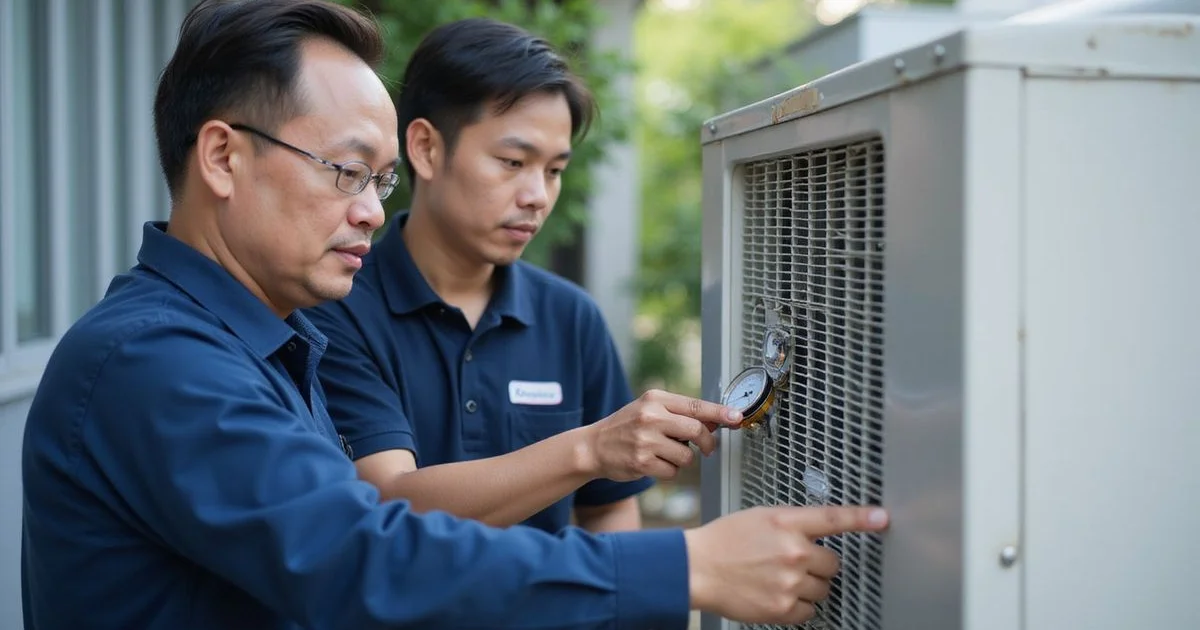 Honest technician showing a homeowner a refrigerant pressure gauge reading during a transparent service visit