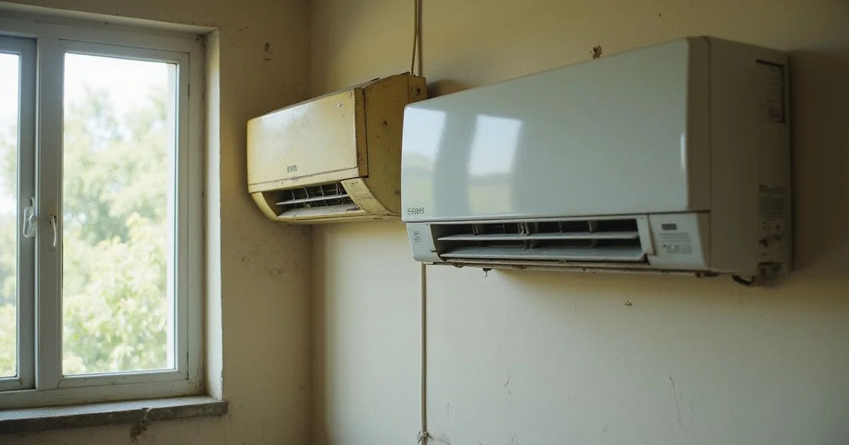 Old worn aircond unit beside a new modern inverter unit in a comparison framing