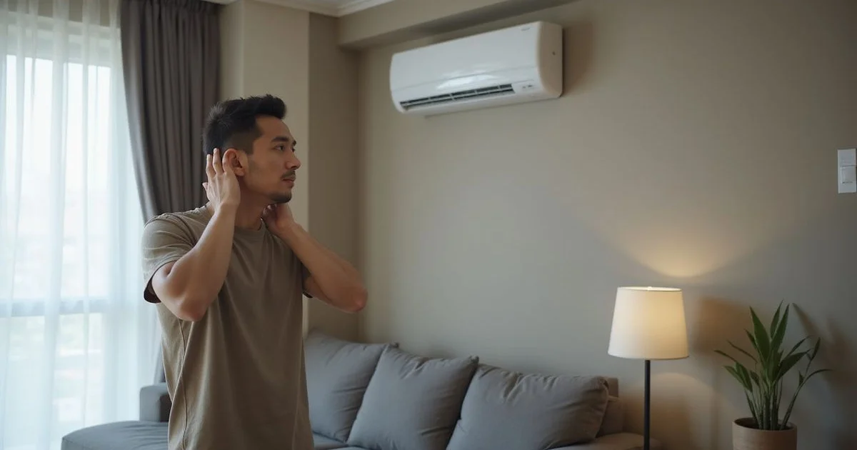 Person covering ears while standing near a noisy wall-mounted aircond unit