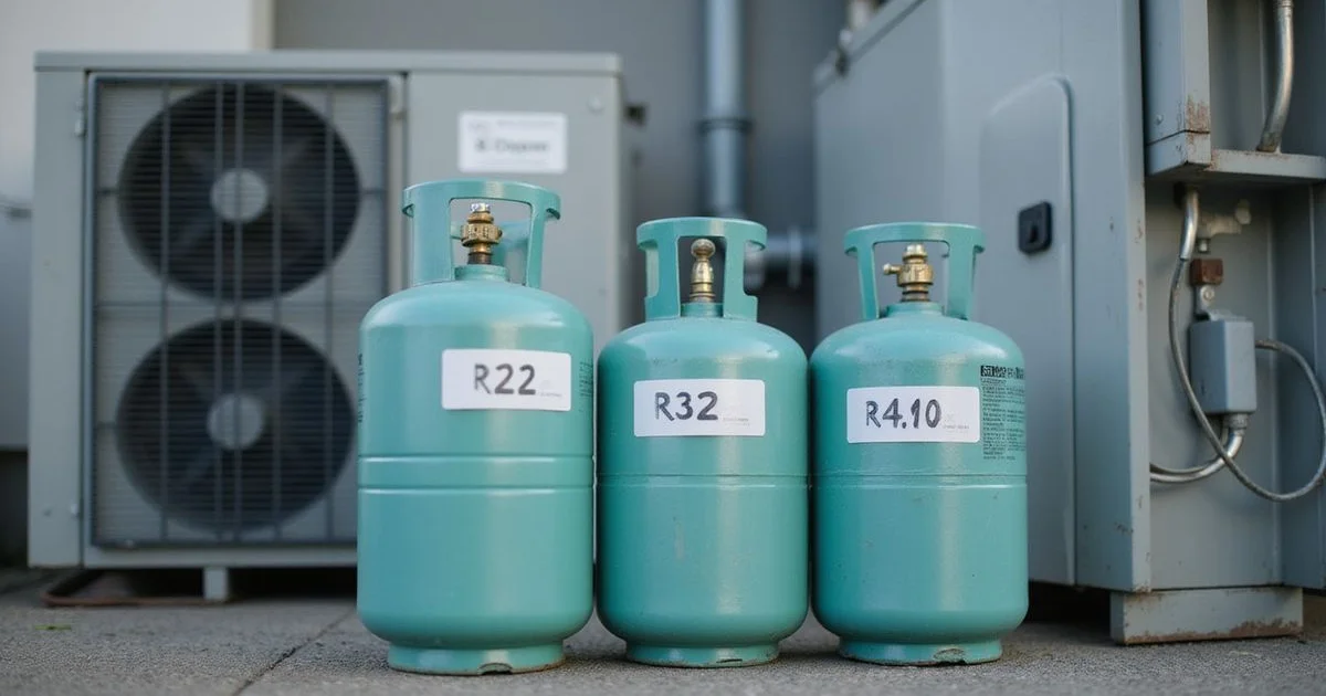 Refrigerant cylinders labelled R22, R32 and R410A beside an aircond outdoor unit