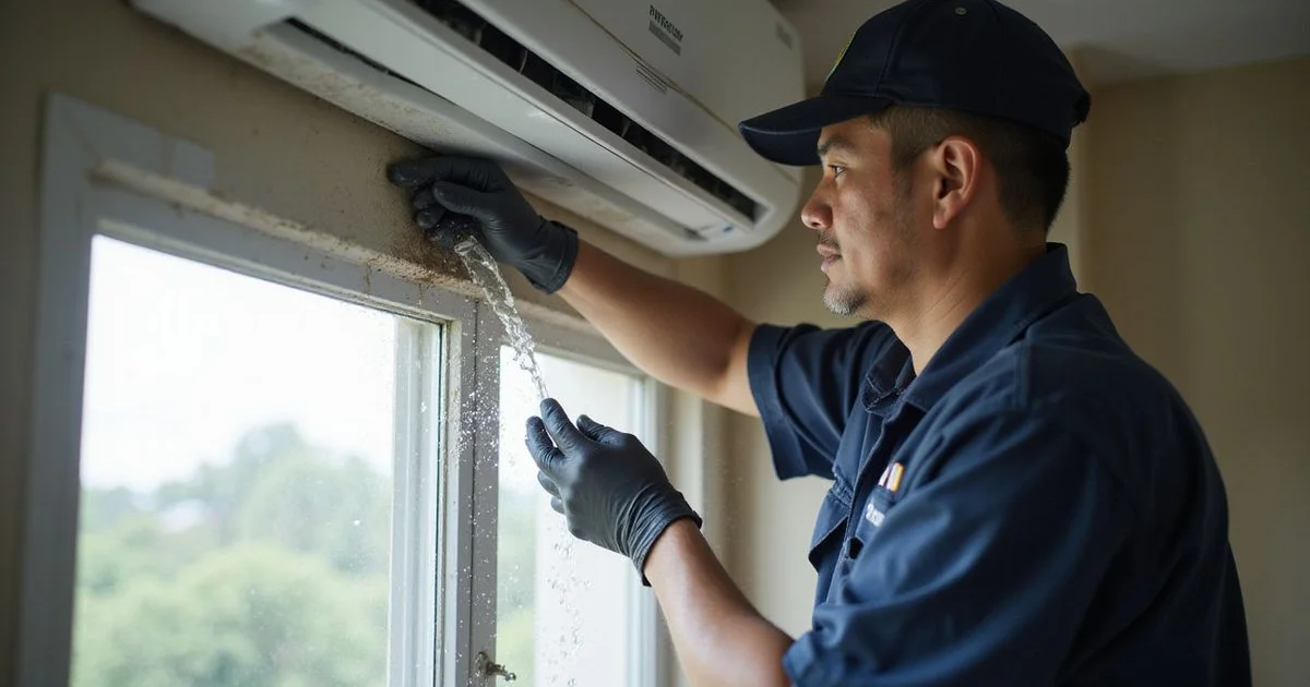 Technician cleaning a wall aircond filter in a Malaysian home with natural light