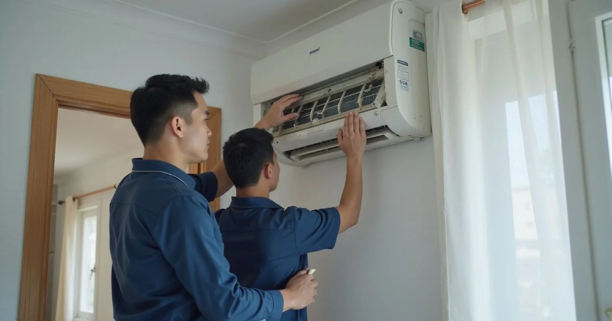 Technician crew installing a new wall aircond unit in a Malaysian home