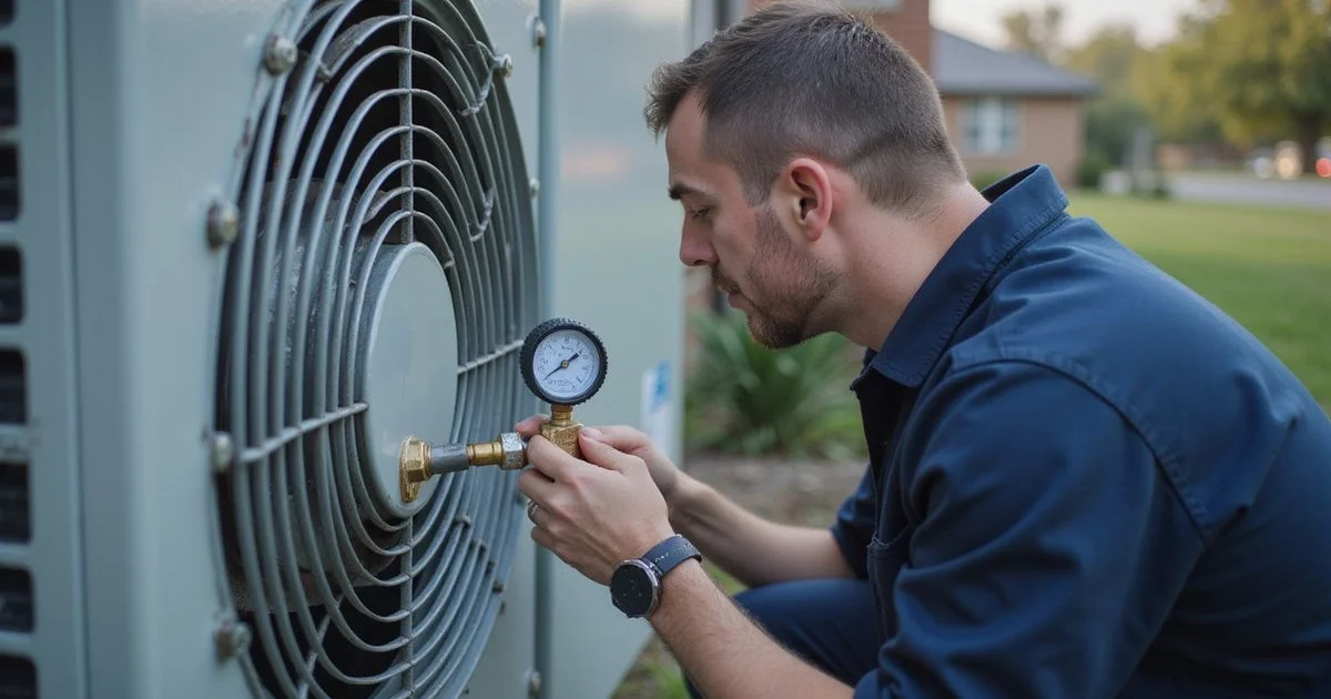 Technician pressure-testing an aircond system to locate a refrigerant leak