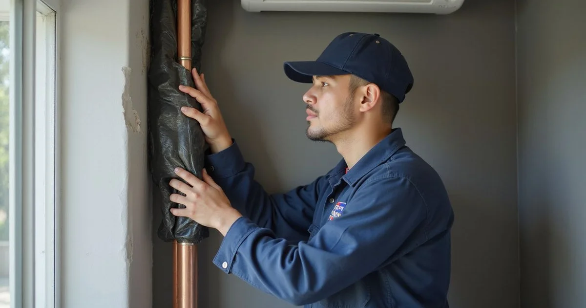 Technician routing neat copper piping and Armaflex insulation for a new aircond installation