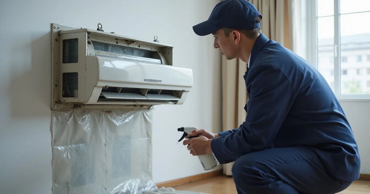 Technician spraying chemical cleaner onto a dismantled aircond coil with a drip sheet protecting the floor
