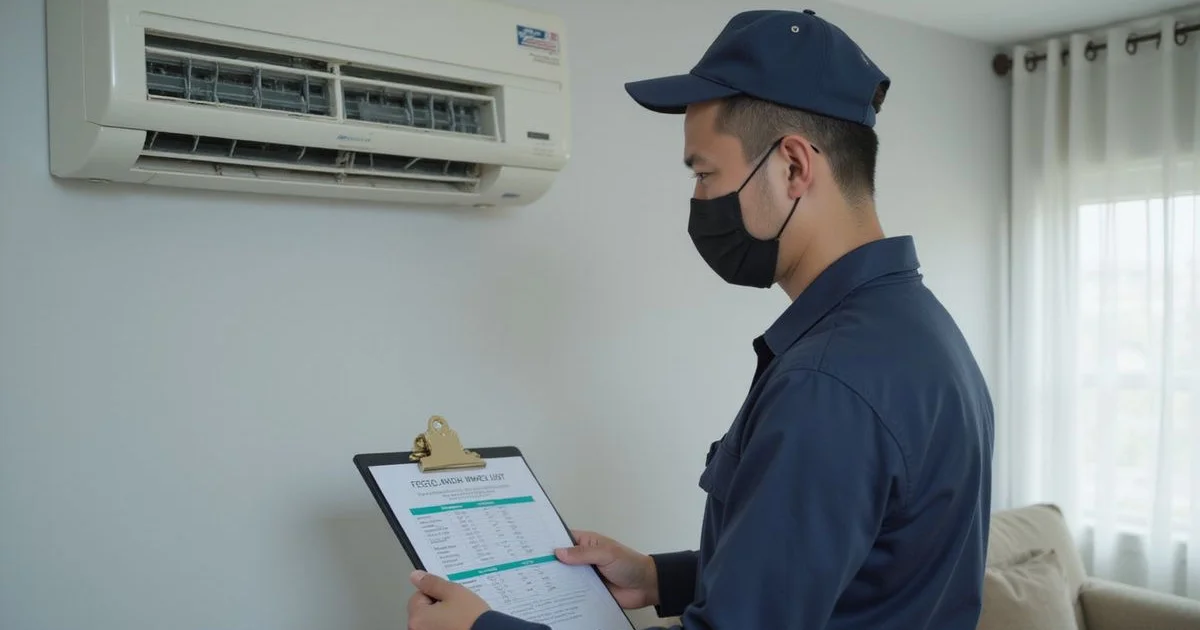 Technician holding a clear printed chemical wash price list beside a wall-mounted aircond unit