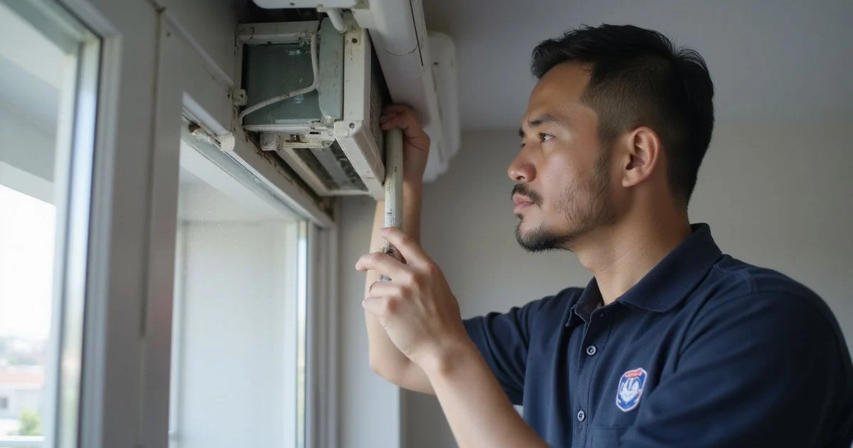 Technician working through an aircond service step by step with indoor unit open