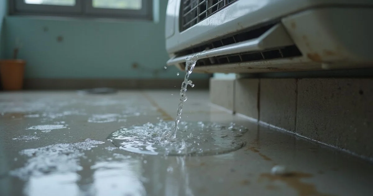 Water dripping from a wall-mounted aircond unit onto the floor of a Malaysian home
