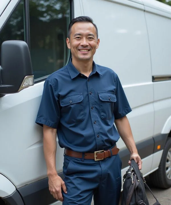 Experienced senior aircond technician beside a service van