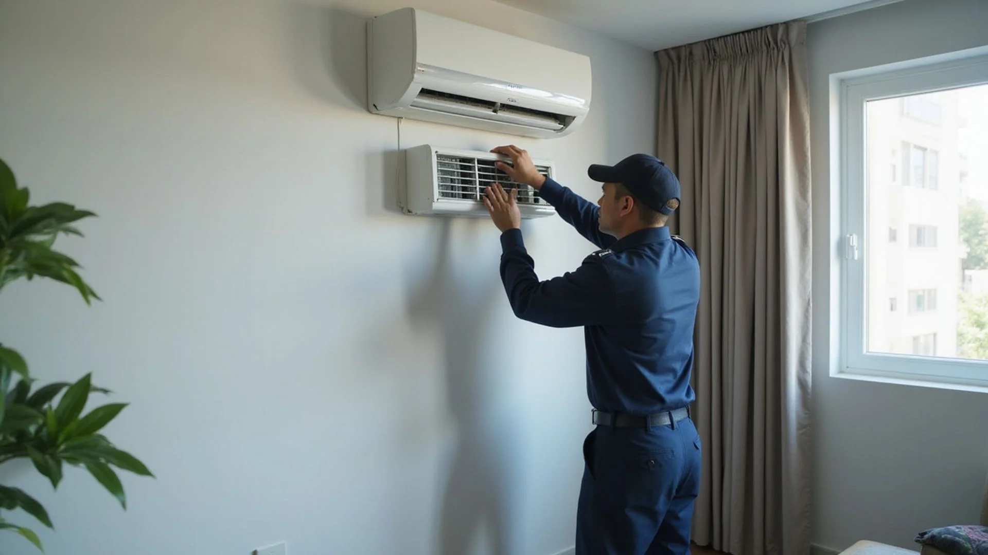 Senior aircond technician servicing a wall-mounted unit in a Shah Alam home